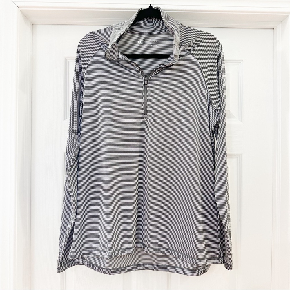 Under Armour Mens Loose HeatGear Gray Stripe 1/4 Zip Tech Long Sleeve Golf Shirt